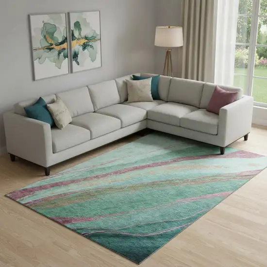 Green And Blush Abstract Washable Area Rug With UV Protection Photo 2