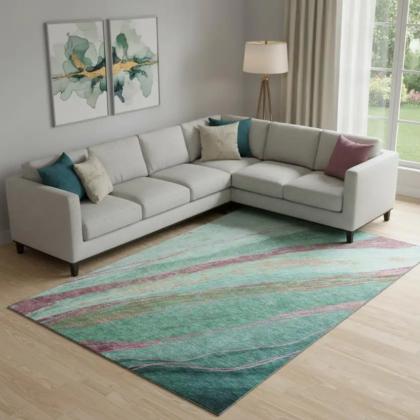 Green And Blush Abstract Washable Area Rug With UV Protection Photo 2