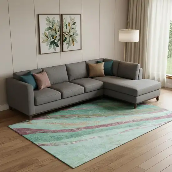 Green And Blush Abstract Washable Area Rug With UV Protection Photo 2