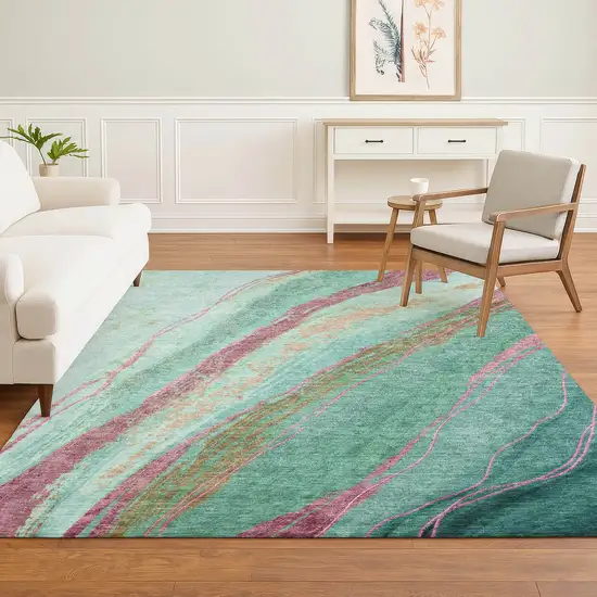 Green And Blush Abstract Washable Area Rug With UV Protection Photo 5