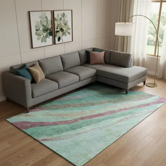 Green And Blush Abstract Washable Area Rug With UV Protection Photo 2
