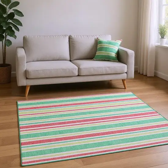 Green And Blush Striped Washable Area Rug With UV Protection Photo 2