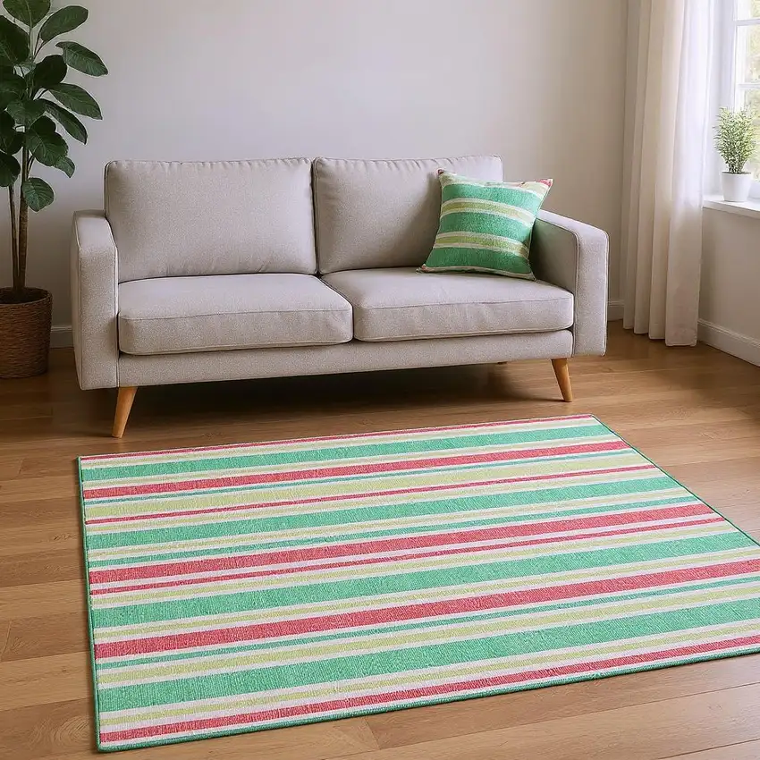 Green And Blush Striped Washable Area Rug With UV Protection Photo 2
