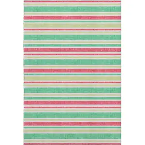 Photo of Green And Blush Striped Washable Area Rug With UV Protection