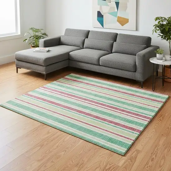 Green And Blush Striped Washable Area Rug With UV Protection Photo 2