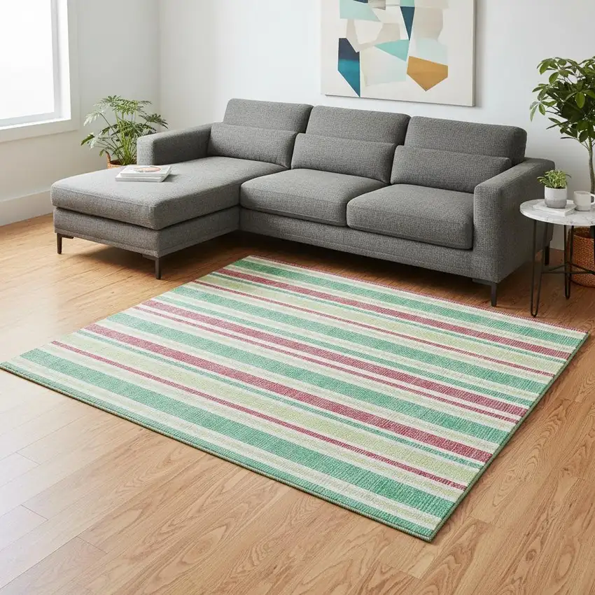 Green And Blush Striped Washable Area Rug With UV Protection Photo 2