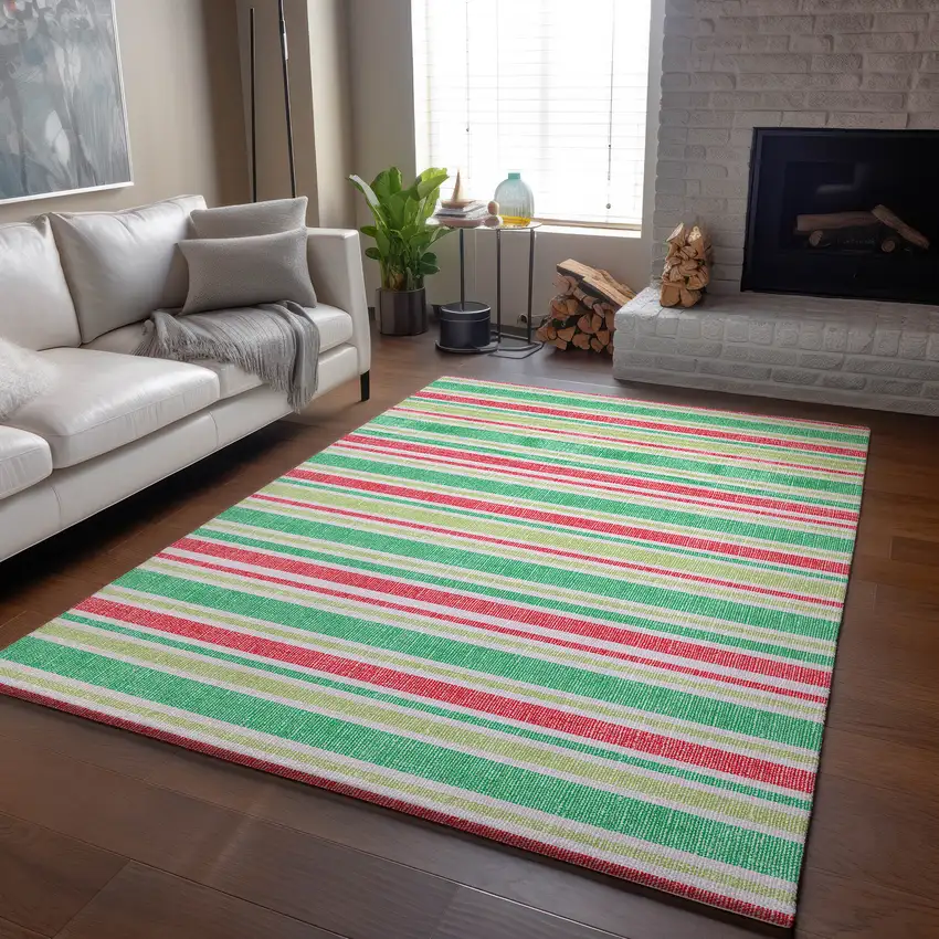 Green And Blush Striped Washable Area Rug With UV Protection Photo 6