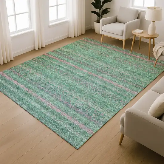 Green And Blush Striped Washable Area Rug With UV Protection Photo 5