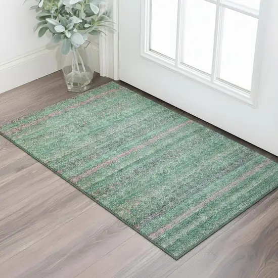 Green And Blush Striped Washable Area Rug With UV Protection Photo 2