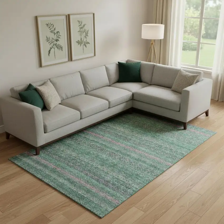 Green And Blush Striped Washable Area Rug With UV Protection Photo 2