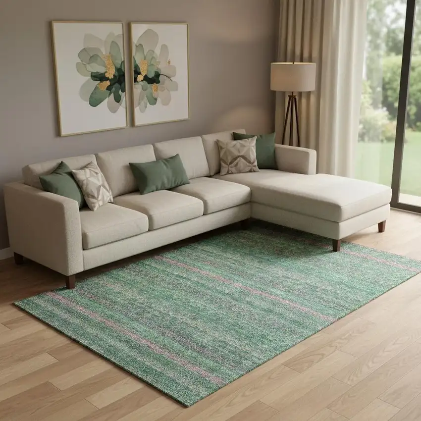 Green And Blush Striped Washable Area Rug With UV Protection Photo 2