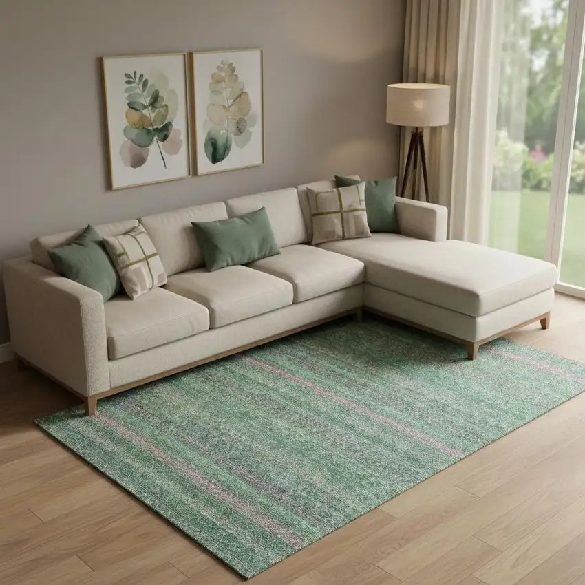 Green And Blush Striped Washable Area Rug With UV Protection Photo 2