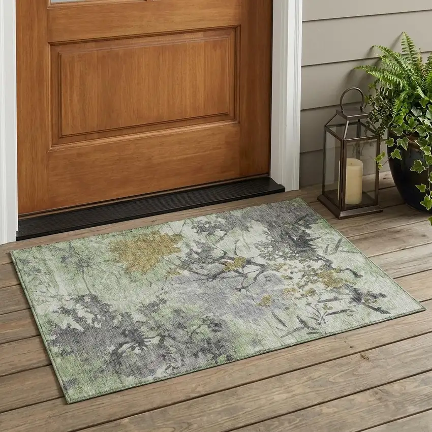 Green And Brown Abstract Washable Indoor Outdoor Area Rug Photo 1