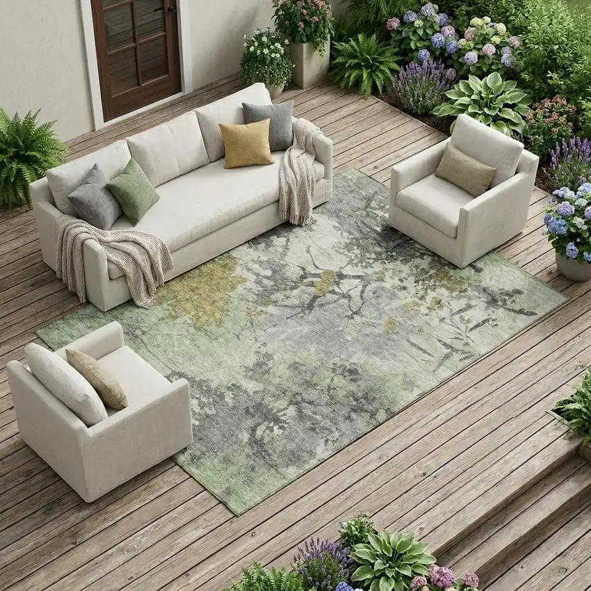 Green And Brown Abstract Washable Indoor Outdoor Area Rug Photo 1