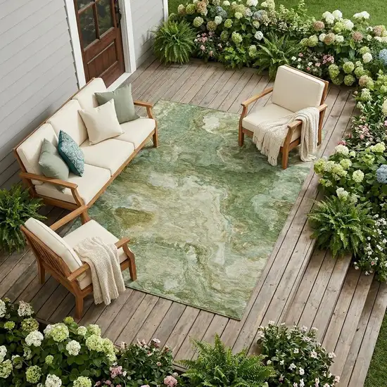 Green And Brown Abstract Washable Indoor Outdoor Area Rug Photo 1