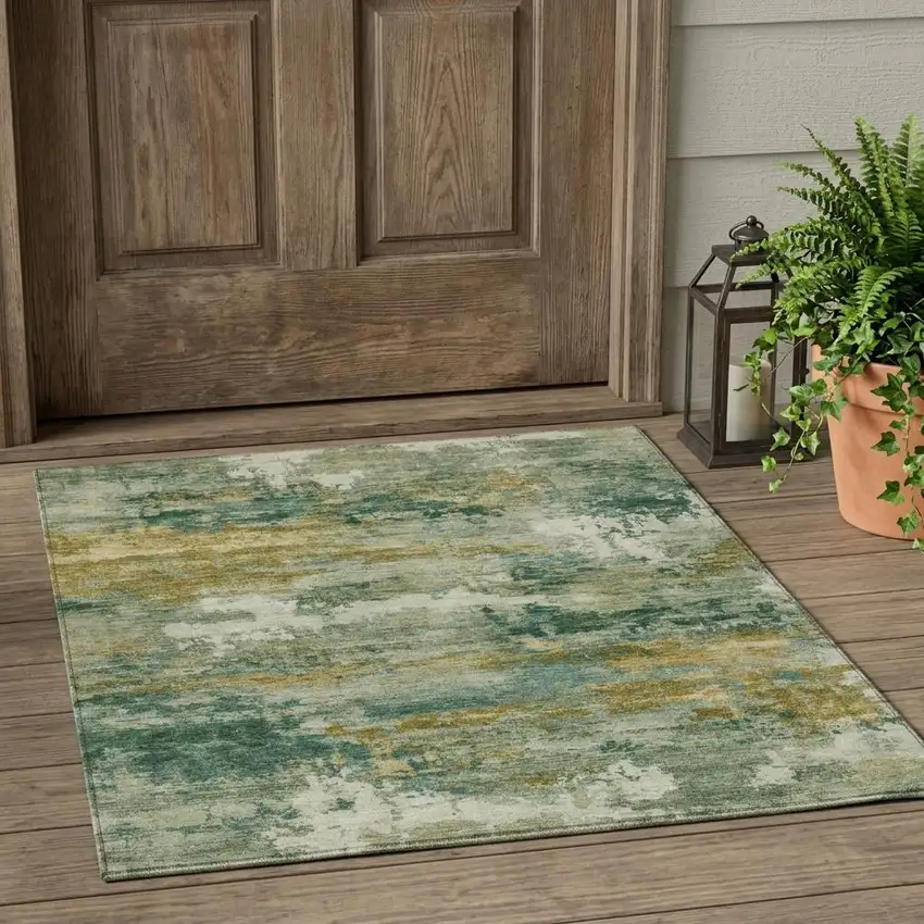 Green And Brown Abstract Washable Indoor Outdoor Area Rug Photo 1