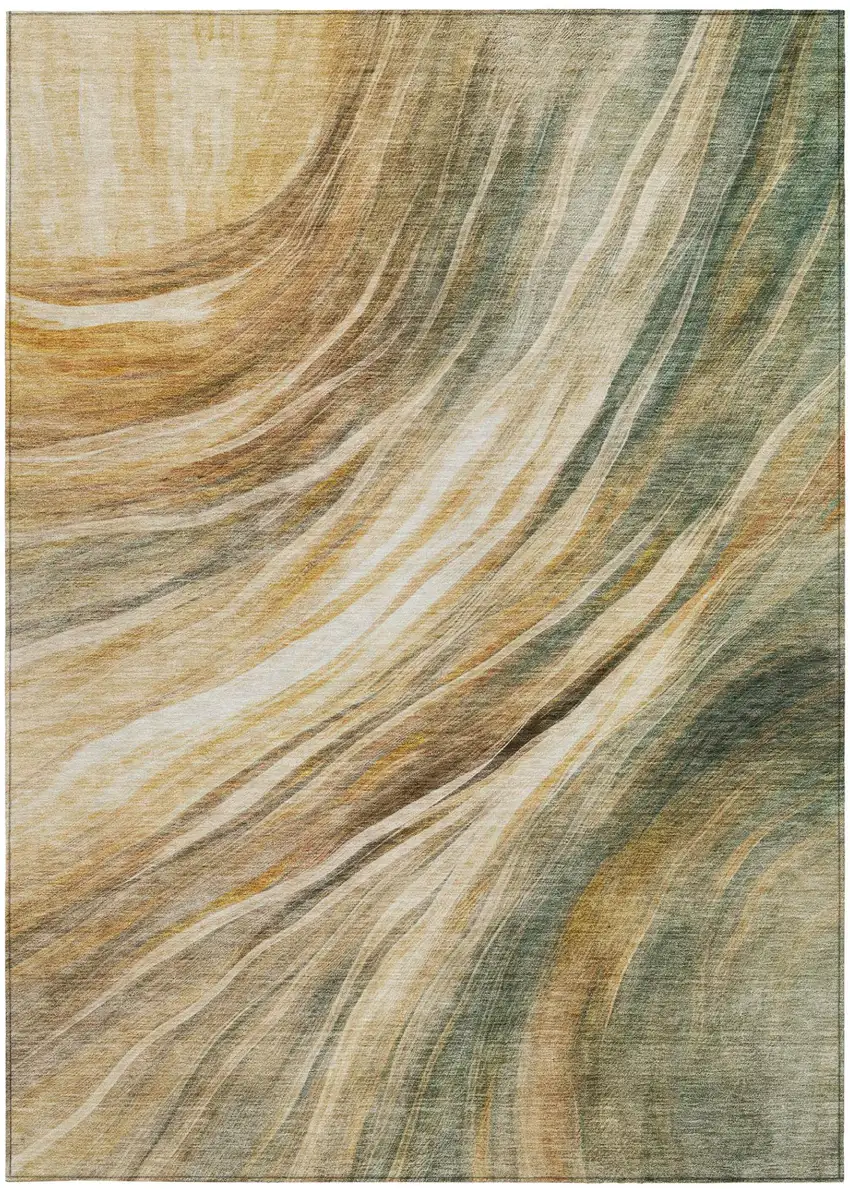 Green And Brown Abstract Washable Indoor Outdoor Area Rug Photo 2