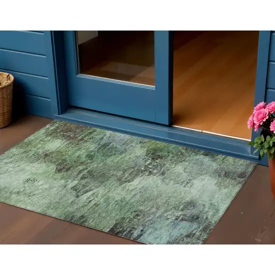 Green And Brown Abstract Washable Indoor Outdoor Area Rug Photo 1