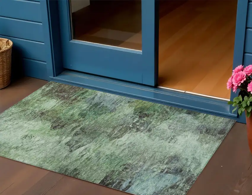 Green And Brown Abstract Washable Indoor Outdoor Area Rug Photo 1
