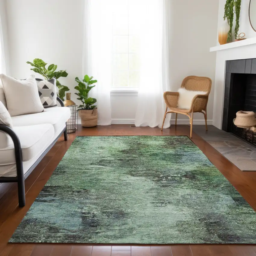Green And Brown Abstract Washable Indoor Outdoor Area Rug Photo 8