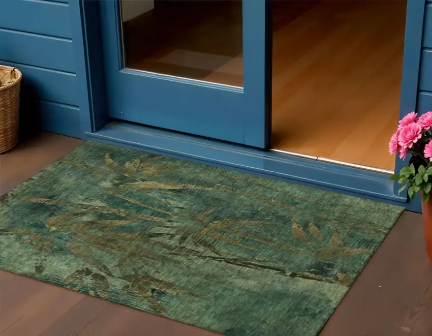 Green And Brown Botanical Leaves Washable Indoor Outdoor Area Rug Photo 2