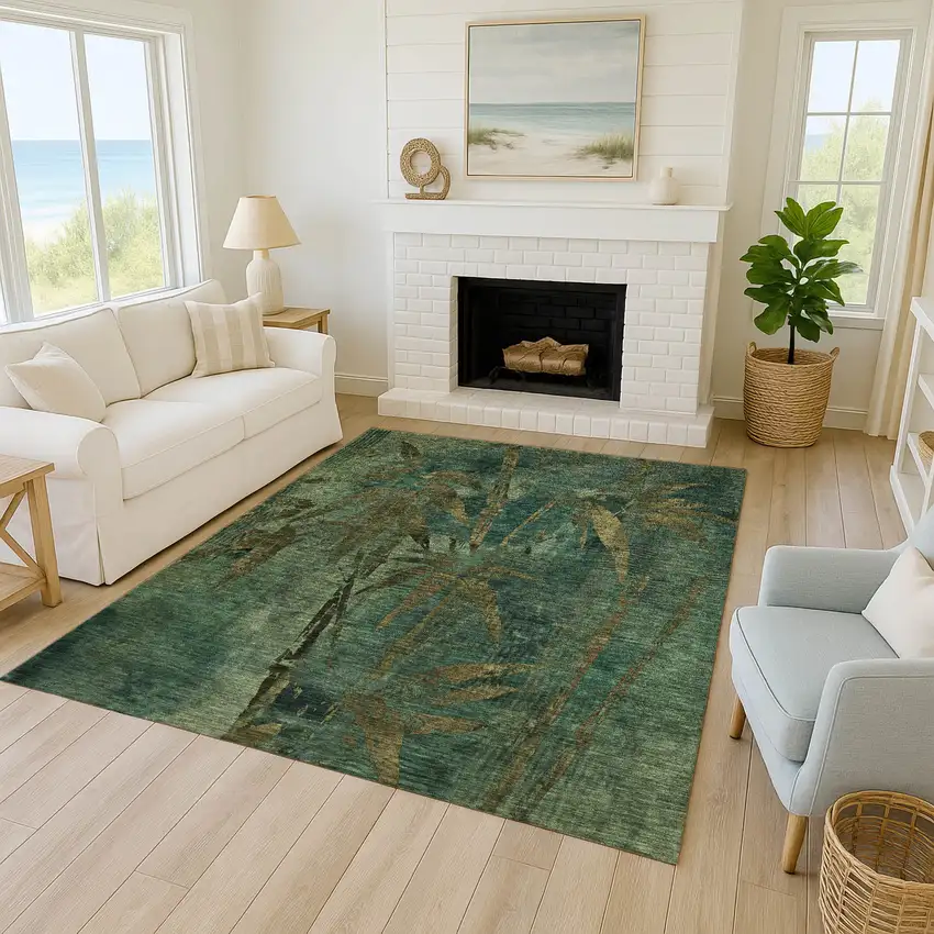 Green And Brown Botanical Leaves Washable Indoor Outdoor Area Rug Photo 8