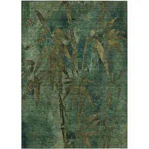 Photo of Green And Brown Botanical Leaves Washable Indoor Outdoor Area Rug