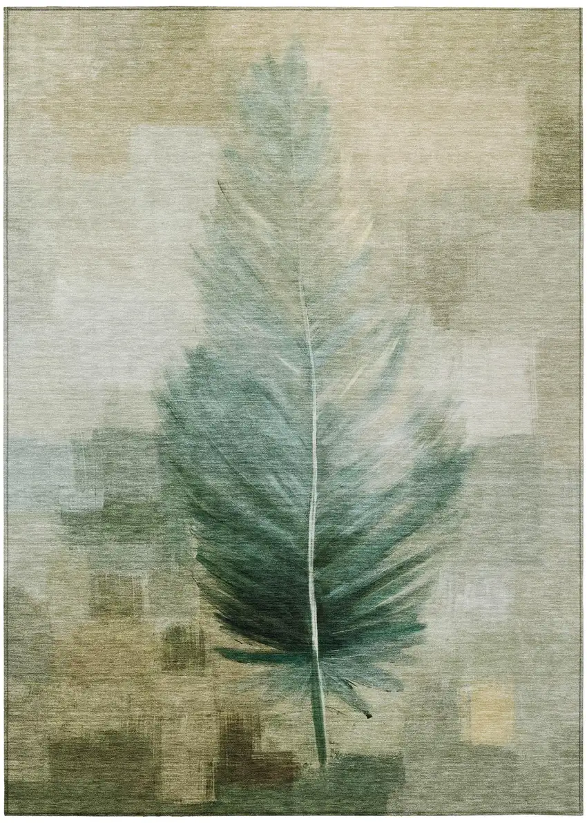 Green And Brown Botanical Leaves Washable Indoor Outdoor Area Rug Photo 2