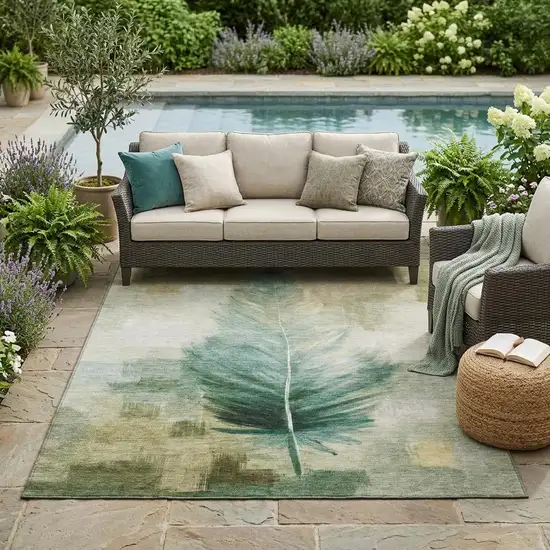 Green And Brown Botanical Leaves Washable Indoor Outdoor Area Rug Photo 1