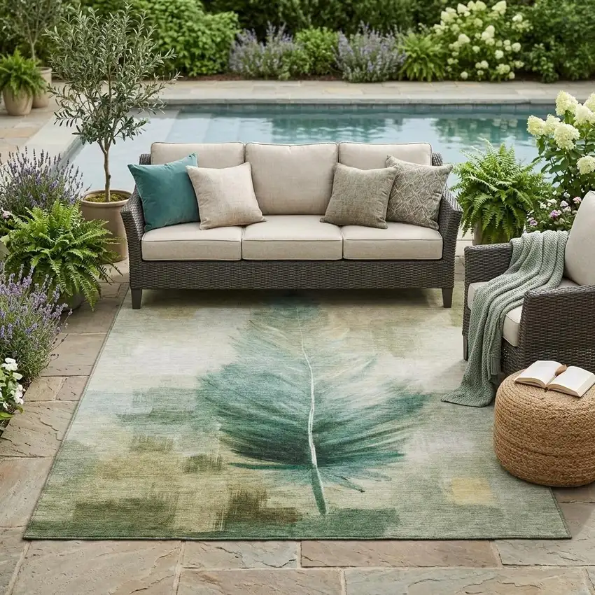 Green And Brown Botanical Leaves Washable Indoor Outdoor Area Rug Photo 1