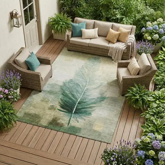 Green And Brown Botanical Leaves Washable Indoor Outdoor Area Rug Photo 1