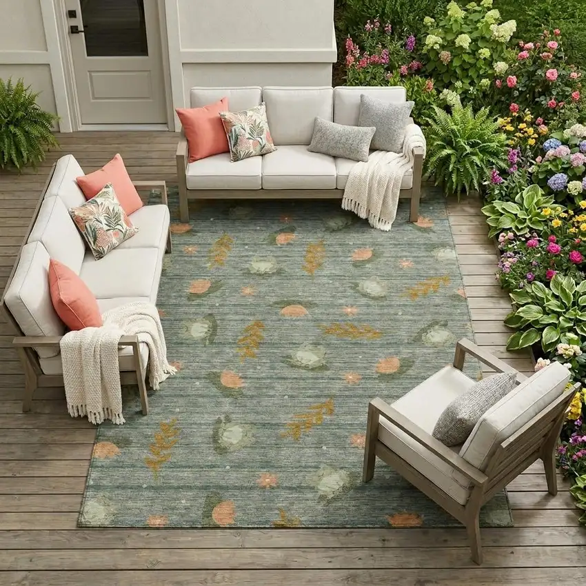 Green And Brown Botanical Leaves Washable Indoor Outdoor Area Rug Photo 1
