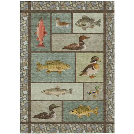 Green And Brown Floral Medallion Washable Indoor Outdoor Area Rug Photo 1