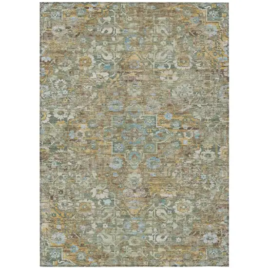 Green And Brown Floral Medallion Washable Indoor Outdoor Area Rug Photo 2