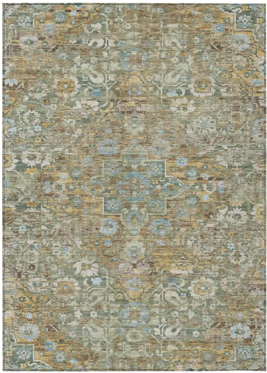 Green And Brown Floral Medallion Washable Indoor Outdoor Area Rug Photo 2