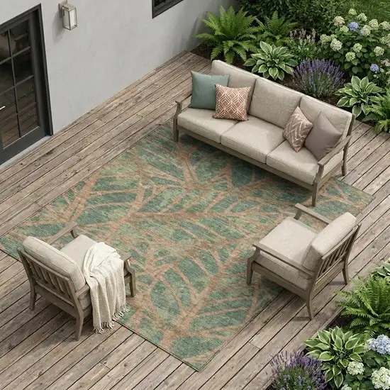 Green And Brown Floral Washable Indoor Outdoor Area Rug Photo 1