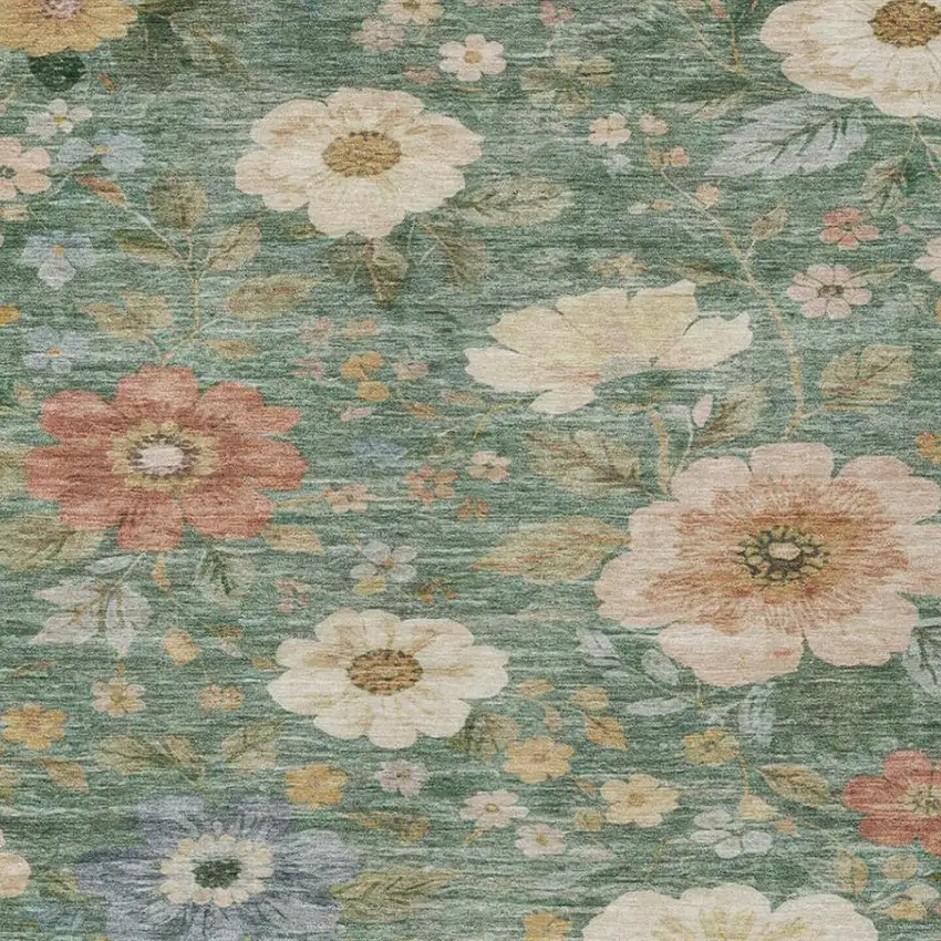 Green And Brown Floral Washable Indoor Outdoor Area Rug Photo 6