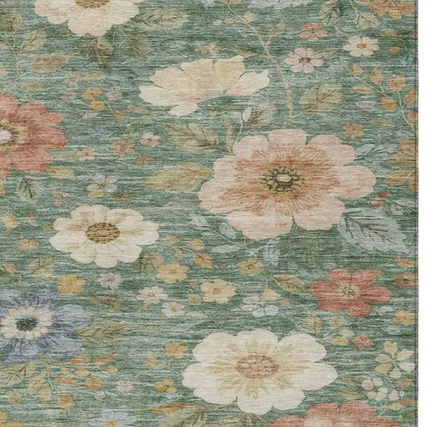 Green And Brown Floral Washable Indoor Outdoor Area Rug Photo 5
