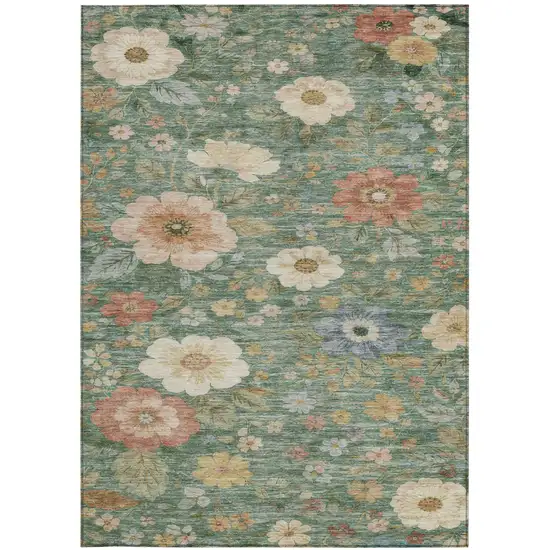 Green And Brown Floral Washable Indoor Outdoor Area Rug Photo 1