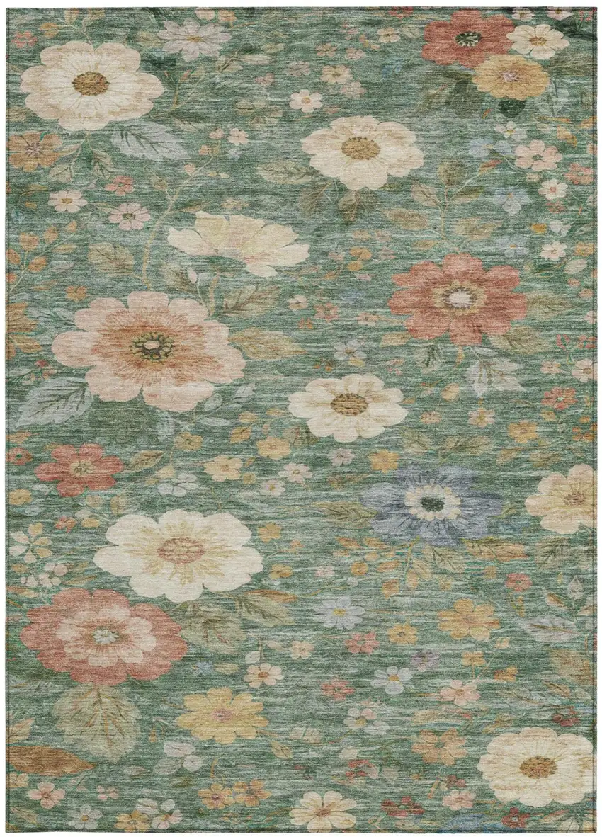 Green And Brown Floral Washable Indoor Outdoor Area Rug Photo 1