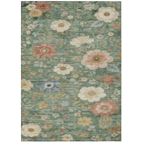 Green And Brown Floral Washable Indoor Outdoor Area Rug Photo 3