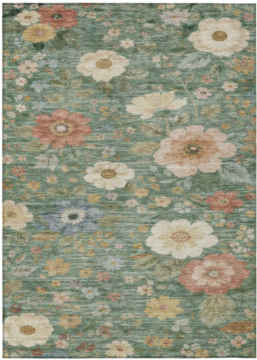 Green And Brown Floral Washable Indoor Outdoor Area Rug Photo 3