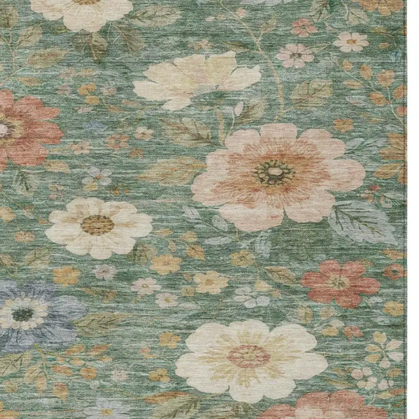 Green And Brown Floral Washable Indoor Outdoor Area Rug Photo 8