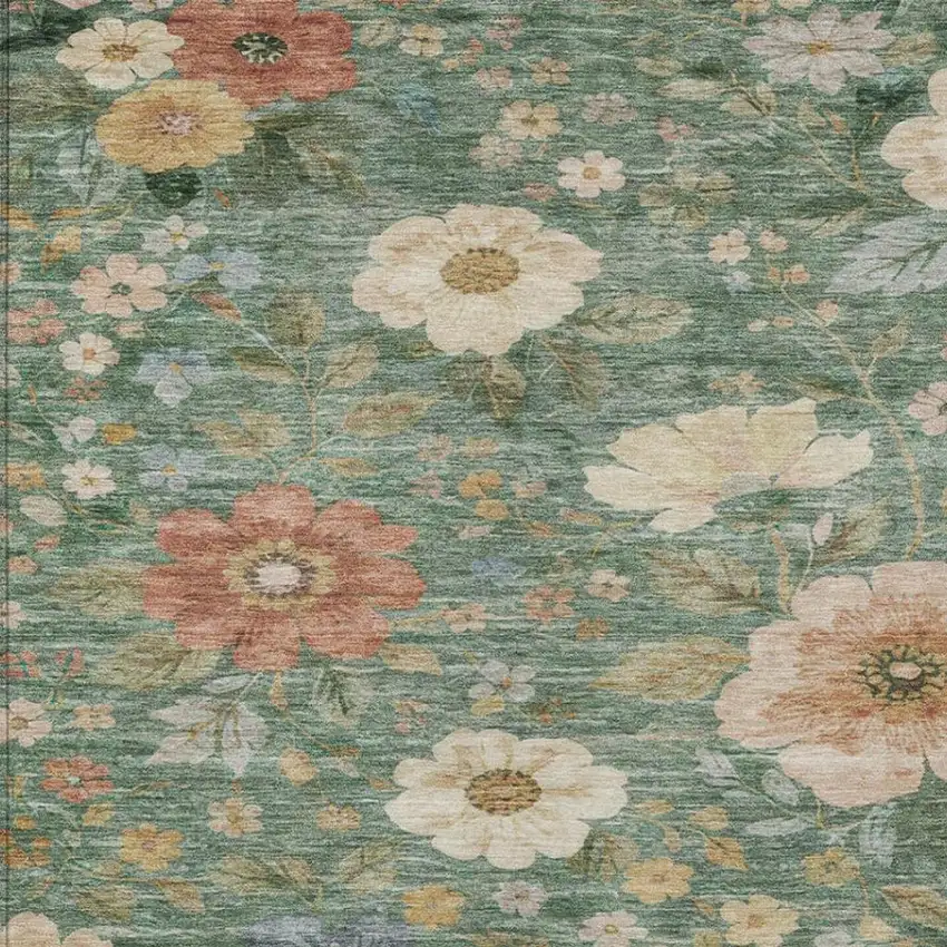 Green And Brown Floral Washable Indoor Outdoor Area Rug Photo 6