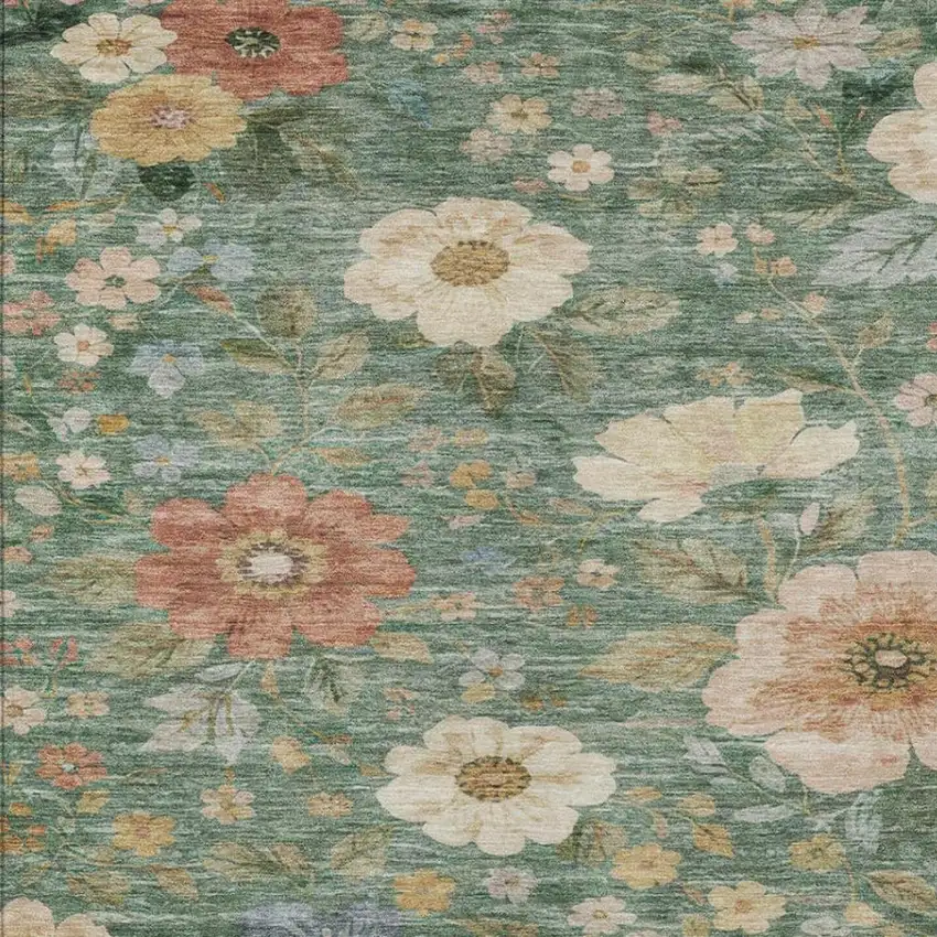 Green And Brown Floral Washable Indoor Outdoor Area Rug Photo 4