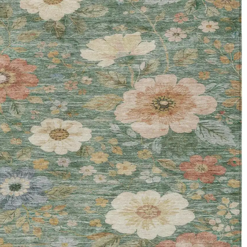 Green And Brown Floral Washable Indoor Outdoor Area Rug Photo 2