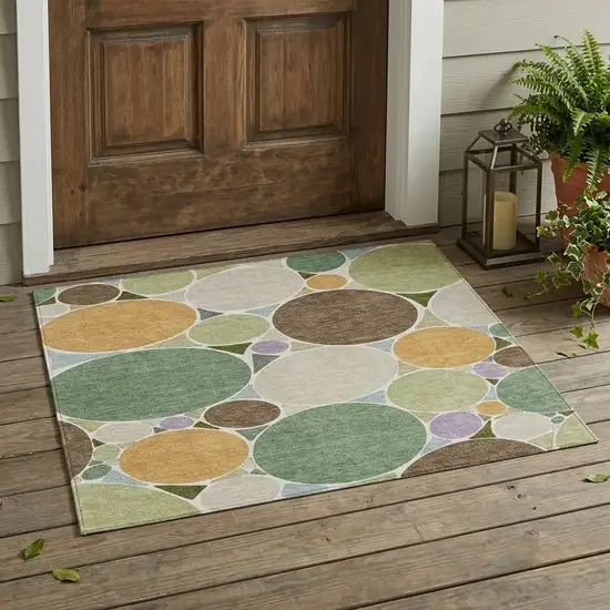 Green And Brown Geometric Washable Indoor Outdoor Area Rug Photo 1