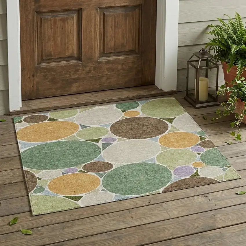 Green And Brown Geometric Washable Indoor Outdoor Area Rug Photo 1