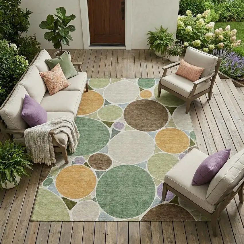 Green And Brown Geometric Washable Indoor Outdoor Area Rug Photo 1