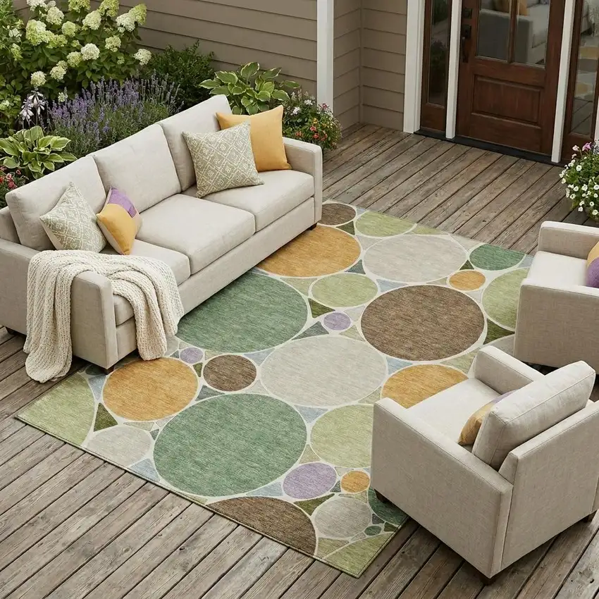 Green And Brown Geometric Washable Indoor Outdoor Area Rug Photo 1